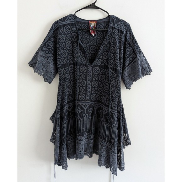 Johnny Was Tops - Johnny Was Natt Tie-Neck Georgette Tunic Women's Size Small Navy Blue Lace Top